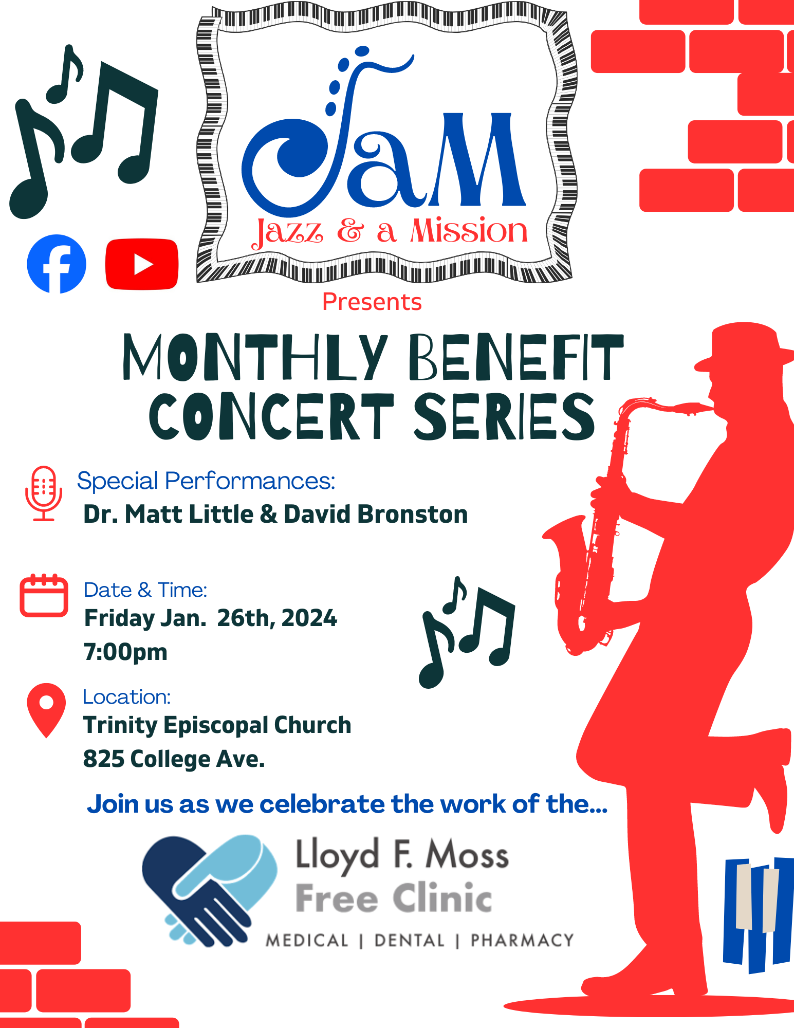 flyer for JAM concert series benefitting the Moss Free Clinic